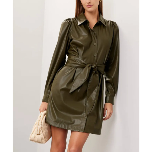 Peter Som Olive Green Faux Leather Mini Shirt Dress SIze 6 Career Designer $355 - Picture 1 of 13